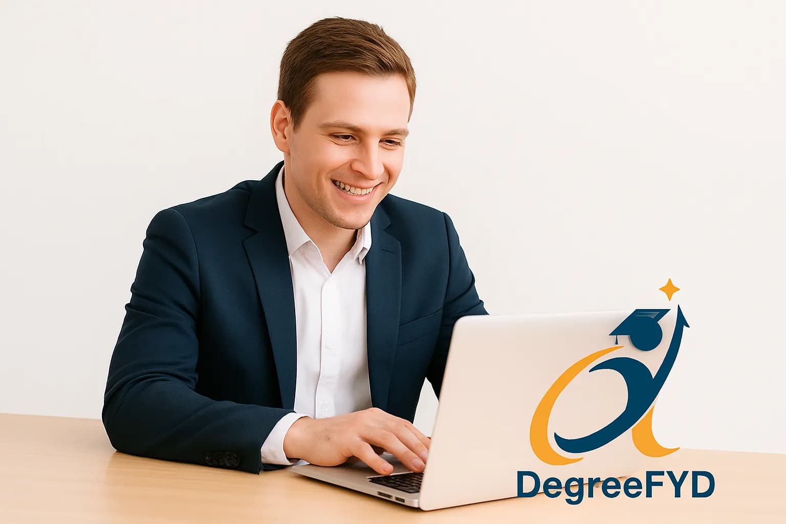 A professional with a laptop sitting at a desk and smiling, with the DegreeFYD logo in the corner.