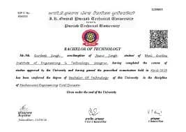 PCTE, Ludhiana Degree Certificate