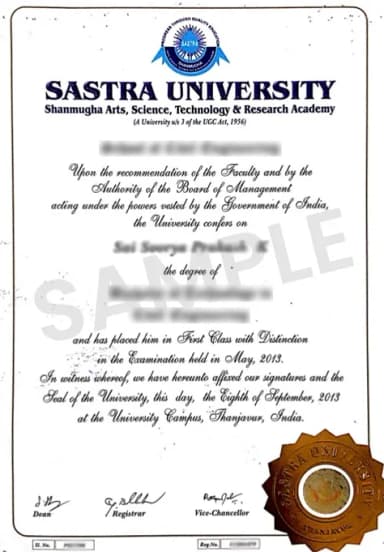 Sastra University Online Degree Certificate