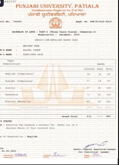 Punjabi University, Patiala Degree Certificate