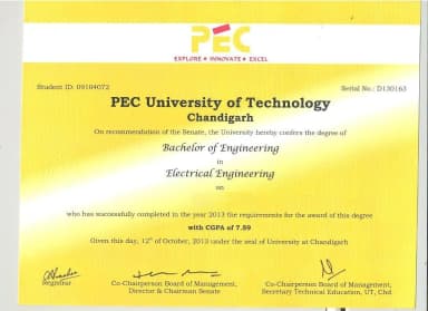 PEC Chandigarh Degree Certificate