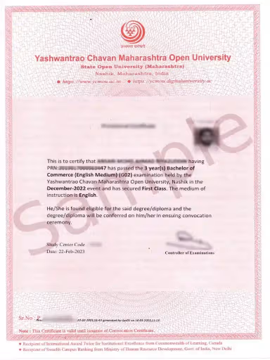 YCMOU Degree Certificate