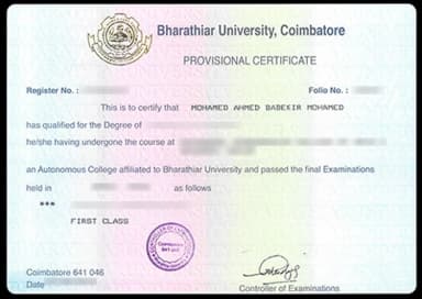 Bharathiar University Distance Education Degree Certificate